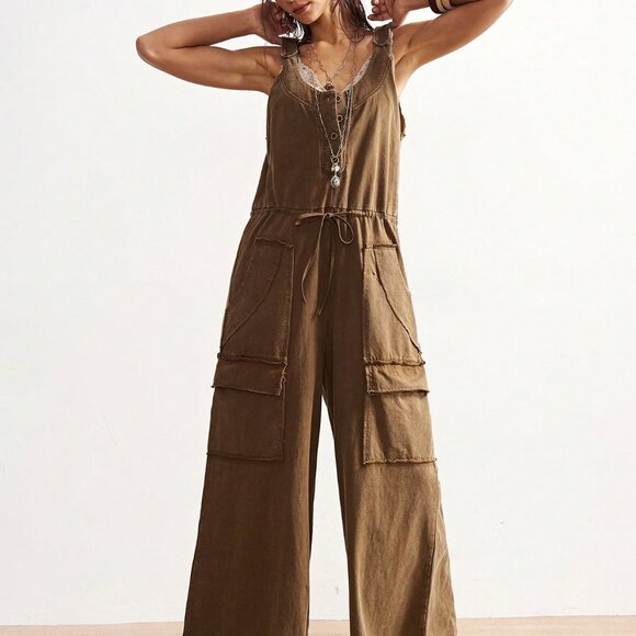 Khaki Casual Boho Women's Loose Washed Jumpsuit - Picture 6 of 7
